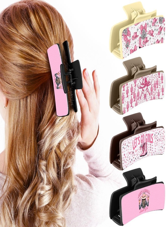FineCheer 4 Pcs Western Leather Hair Claw Clips Bulk Cow Print Highland Cattle Hair Claw Clips Western Accessories Gifts for Women Country Stuff Christmas Accessories (Pink Cowgirl) - Image 1